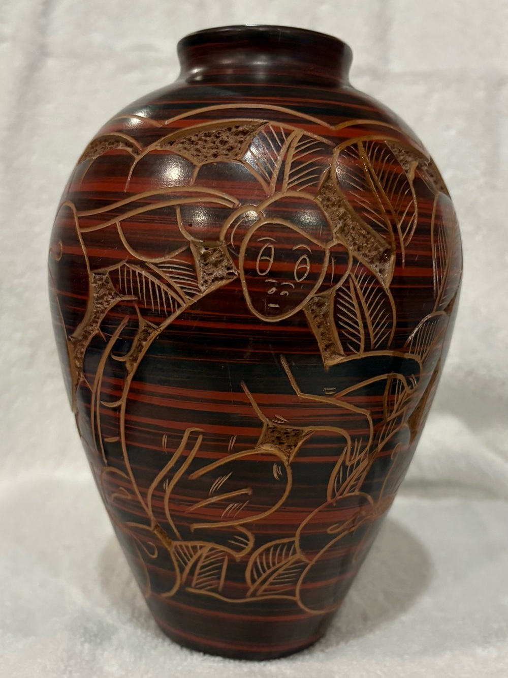 Handcrafted Ceramic Vase with Etched Nature Designs from Costs Rica signed